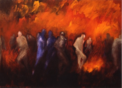 Arrêter ne pouvons, Purgatoire, Chant XVIII, Huile sur toile, 1991, Collection Gymnase de Chamblandes, Pully