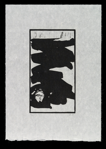 Des ombres dont le manteau se confondent avec la pierre (Purgatoire, Chant XIII, Gravure sur bois, 1990)